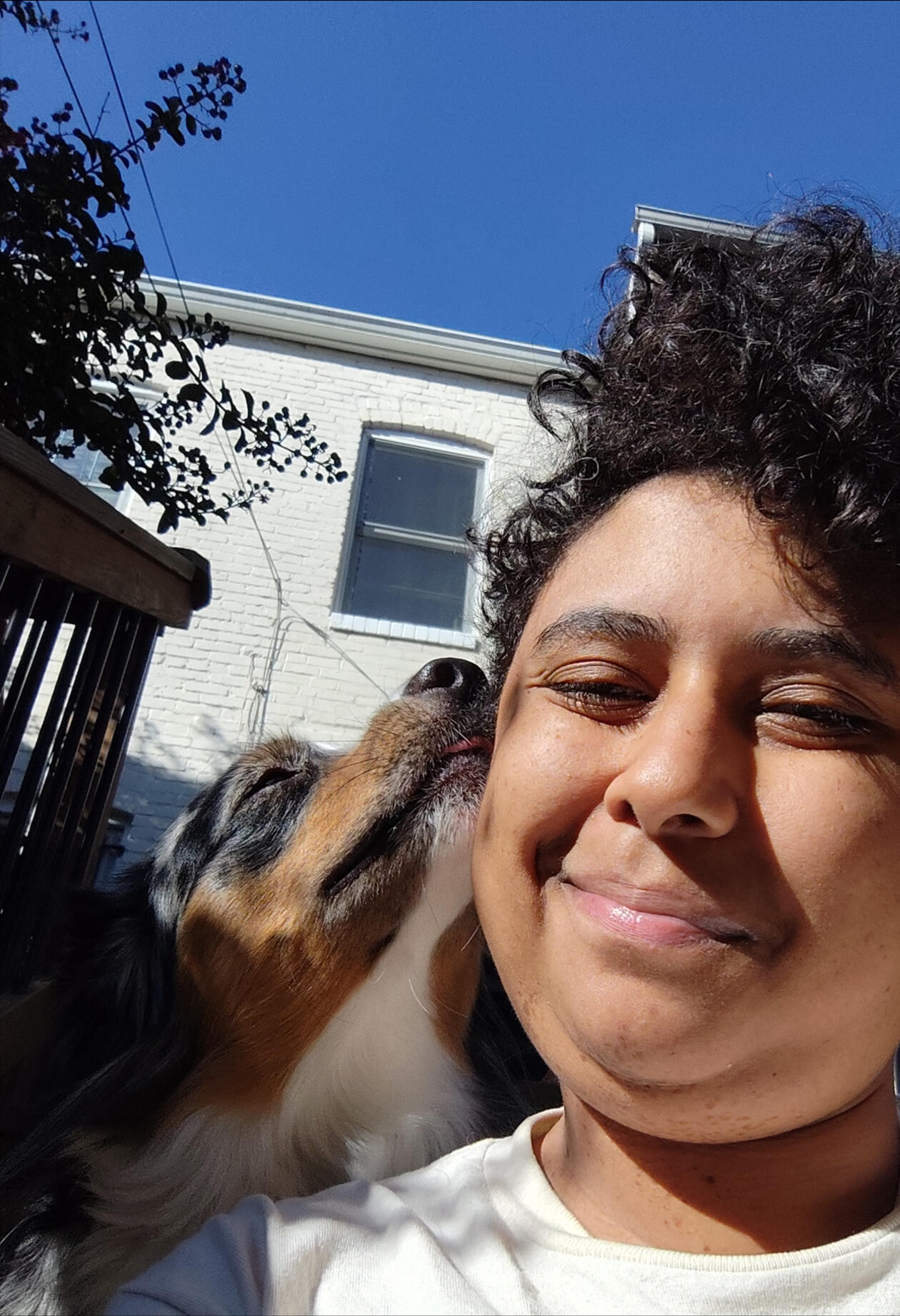 Jessamyn and an Australian shepherd licking her face