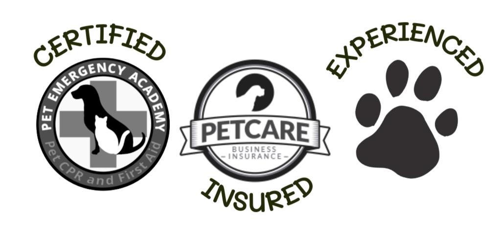 Logo of Pet Emergency Academy pet first aid and cpr certification; Seal of Pet Care Business Insurance; and the text "experinced" over a paw print.