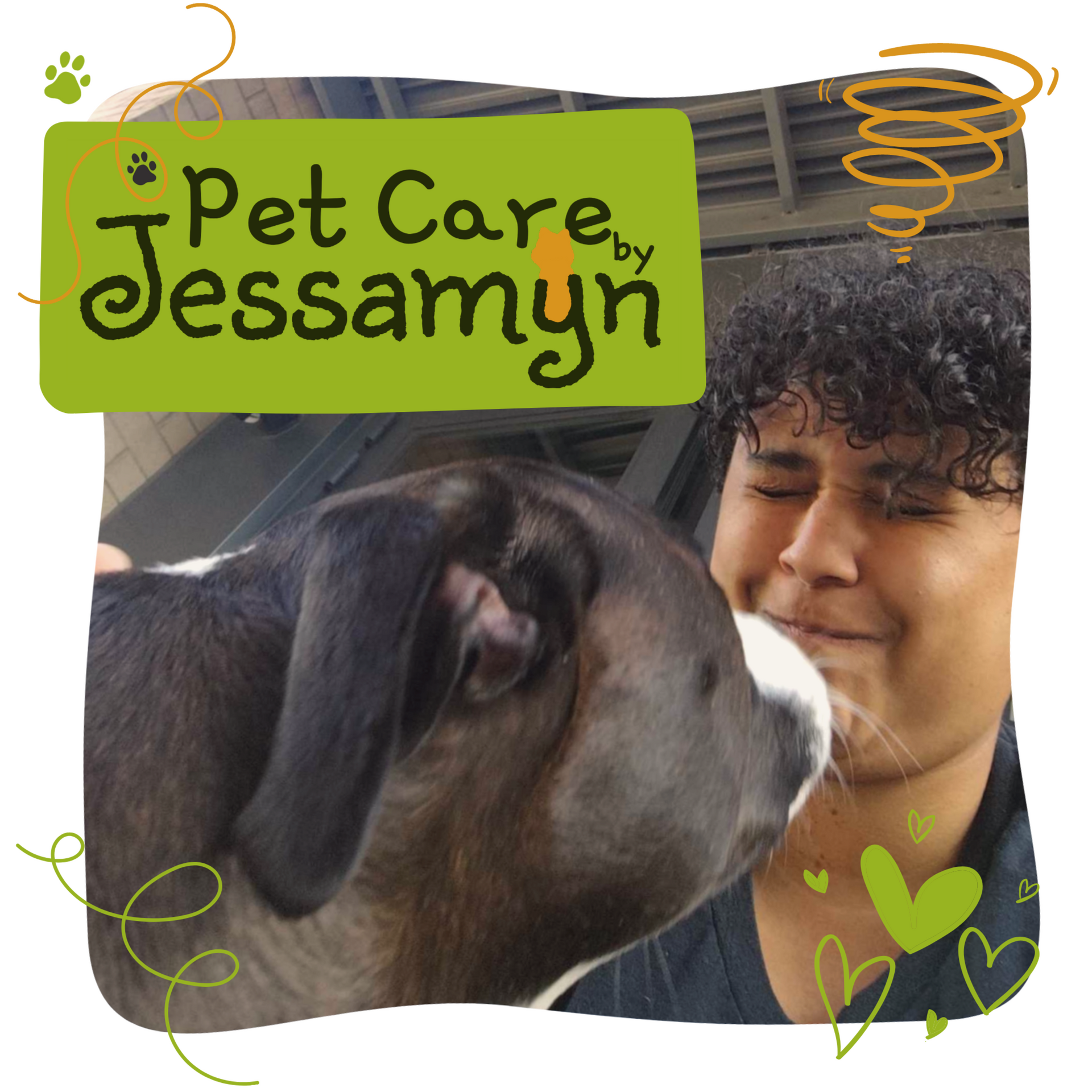Pet Care by Jessamyn logo over a photo of Jessamyn being licked by a friendly black pit mix.