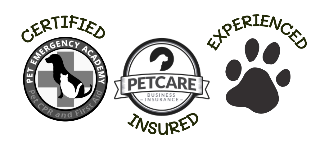 Logo of Pet Emergency Academy pet first aid and cpr certification; Seal of Pet Care Business Insurance; and the text "experinced" over a paw print.
